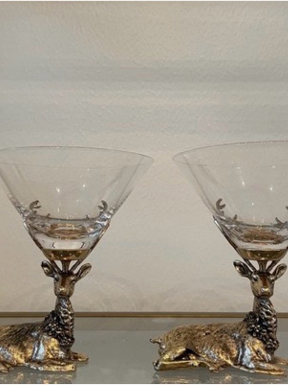 Gold Stag Reindeer Martini Glasses 7.5oz Set of 4 Christmas Holiday Barware